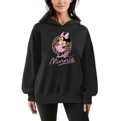 ディズニー レディース トップス Tシャツ プリント スウェット フリース パーカー Womens Disneys Minnie Mouse Leopard Print Oversized Fleece Hoodie Sweatshirt Black ブラック