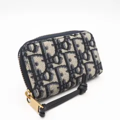★3日以内返品可★ 美品 Christian Dior クリスチャンディオール ディオール オブリーク ジャカード ジップコインケース コインケース ネイビー グレー キャンバス レザー レディース
