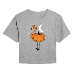 アニメキャラクター レディース トップス Tシャツ クロップド Licensed Character Juniors Pumpkin Flamingo Cropped Tee Heather Gray グレー