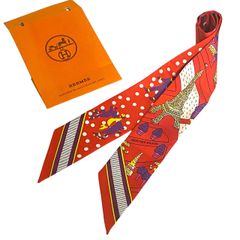 新品タグ HERMES シルクスカーフ ツイリー 箱 赤系 バンダナ柄