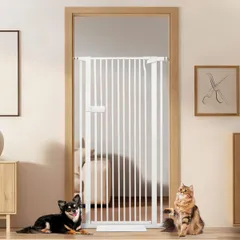 RAKU ペットゲート 猫 高さ155cm 隙間間隔3.5cm ハイタイプ 突っ張り式 取付幅61.5-246cm選択可能 前後90°開閉 オートクローズ 専用スロープ付き 子猫通り抜け防止 穴開け不要 取付簡単 ベビーゲート (ホワイト,  26657e18
