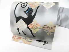 【京松】九寸名古屋帯 オリジナル お太鼓柄 暈し 金銀糸 猫 ネコ 正絹 美品 r8b03-33