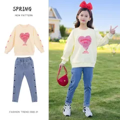 再入荷 子供服 子供 上下セット 2点セットキッズ 女の子 セットアップ トレーナー デニムパンツ ジュニア服 ガールズ スポーツウェア おしゃれ 普段着 通学 春 秋 冬