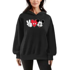 ディズニー レディース トップス Tシャツ スウェット フリース パーカー Womens Disneys Mickey Mouse Peace Loversized Fleece Hoodie Sweatshirt Black ブラック