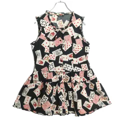 【レア！】ピンクハウス★トランプうさぎpt♪前開きティアードブラウス 黒系 ノースリーブ 薄手 z18595