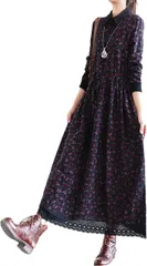 J-Scott レトロ風ロングワンピース レディース ボタニカル柄 シャツワンピ Aライン ハイウエスト 裾レース (ネイビー,  L)