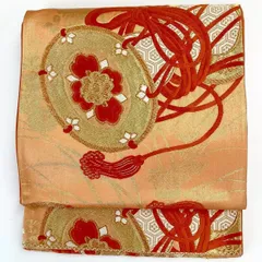 ［7298］袋帯 草花鼓文様 金彩 刺繍 六通 正絹 着物 フォーマル