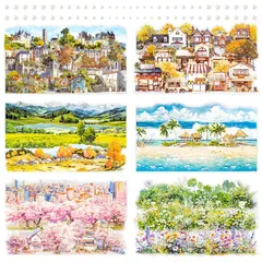 【新品】 水彩スクラップブックステッカー 6枚パック - 自然、都市、桜、海をテーマにした透明PETストリップ 55×180mm 装飾ステッカー 日記帳、プランナー、工芸品、コラージュ、カード作りに (Rhea) 0