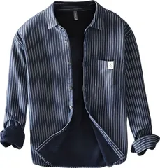 [アスペルシオ] ストライプ柄 裏フリース アメカジ シャツ 秋冬 防寒 あったか 襟付き トップス メンズ 長袖 裏起毛 オシャレ ストリート キレイめ アウトドア ふわふわ レトロ 着やすい 柔らかい モコモコ ブルゾン 透 [ネイビーストライプ] [M]