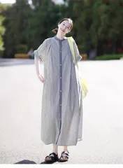 再入荷 シャツワンピース 夏 ストライプ シャツワンピース レディース 半袖 ノーカラー ロングワンピース 立ち襟 シャツワンピ ストライプ マキシ丈 ロング丈 前開き 大きいサイズ ゆったり きれいめ Aライン 体型カバー 着痩せ 大人可愛い