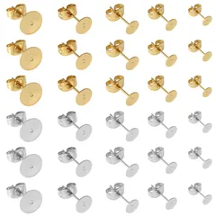 シルバー ゴールド 2色100ペア 5サイズ 3mm パーツ 4mm 5mm ピアス 6mm 8mm 丸皿 平皿 台座付き 200個セット キャッチ付きピアス 芯付ピアス金具