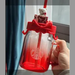 海外スターバックス　ホリデー　クリスマス　ベアリスタ　リボン　グラスタンブラー