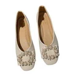 [3MDGHD] ビジュー パンプス レディース ポインテッドトゥ フラット シューズ ぺたんこ かわいい 華やか 歩きやすい 柔らかい くつ しゅーず ぱんぷす ローヒール スリッポン 人気 フォーマル ビジネス ヒール な [ホワイト] [24.0 cm]