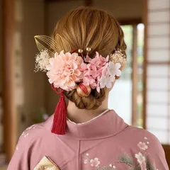 成人式 さくらピンクダリアと桜舞う水引の髪飾り タッセル　結婚式  和装 卒業式 前撮り 成人式 白無垢