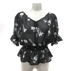 ヘザー Heather ブラウス 花柄 シアー 五分袖 F 黒 ブラック 白 ホワイト /MS