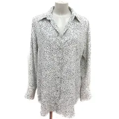 ザラ ZARA シャツ スキッパーカラー 総柄 長袖 M 白 ホワイト 黒 ブラック /MS