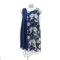 シューラルー SHOO・LA・RUE ワンピース ひざ丈 ノースリーブ シフォン 花柄 M 紺 ネイビー 白 ホワイト /YI