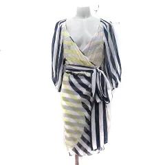 ダイアンフォンファステンバーグ DIANE von FURSTENBERG ワンピース ひざ丈 ストライプ シフォン 七分袖 絹 シルク 4 L マルチカラー /YI