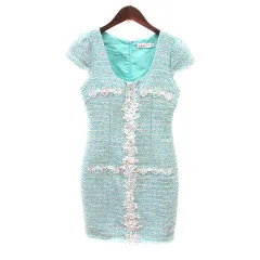 アン an ワンピース ドレス ミニ レース 半袖 ラメ ビジュー M 青緑 ミントブルー /MN