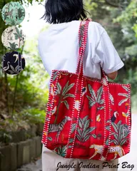 インドの動物！ジャングルプリントのコットンバッグ / バッグ トートバッグ おけいこバッグ ショルダーバッグ