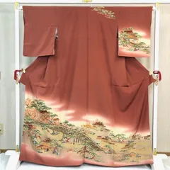 ［きものキレイ]　訪問着（袷) 赤茶色　松　橋　舟　絹　身丈159㎝　裄丈64.5㎝　リユース　secondhand　HT051