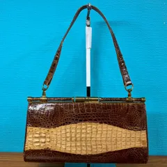WB82 GENUINE CROCODILE SKIN 本革 がま口 ハンドバッグ クロコダイル ブラウン レディース 鞄のサムネイル