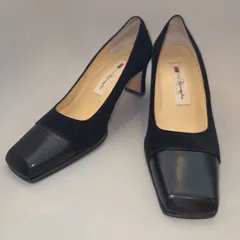 GINZA Kanematsu レザー×スエード パンプス／ 23.5cm 黒 スクエアトゥ 太ヒール レディース