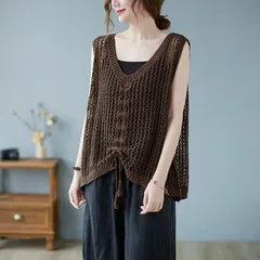 透かし編み ベスト レディース 春 クロシェ編み 透かし編み トップス プルオーバー Vネック 夏 かぎ編み カジュアル 無地 レイヤード ニッ