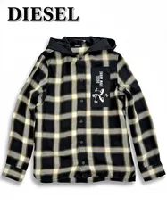 新品タグ付き DIESEL フード付きチェックシャツ XS ～S相当 ブラック ベージュ リヨセル100% ロゴプリント バックプリント レディース シャツジャケット フーディー ライトアウター ストリート ディーゼル