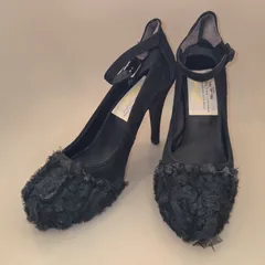 PIPPI Chic lady スエード フラワーデザイン パンプス／サイズ37.5 黒 アンクルストラップ 日本製 レディース