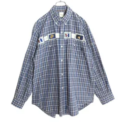 カールヘルム★チェック柄長袖シャツ パフェ柄ワッペン♪ ボタンダウン メンズサイズM 青系 z18491