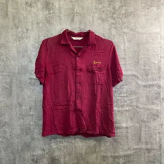 【T-616】半袖オープンカラーシャツ ワインレッド 刺繍デザイン メンズ 古着 開襟シャツ カジュアル 半袖シャツ 夏服 レトロ ヴィンテージ風 L相当