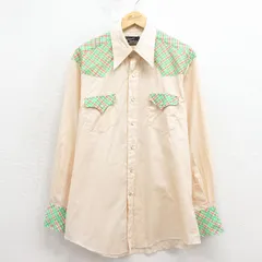 L/古着 長袖 ウエスタン シャツ メンズ 70年代 70s 薄ベージュ 26jan24