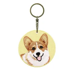 [ことさんのお店] 犬 動物 刺繍 キーホルダー 円形デザイン (コーギー) [コーギー]