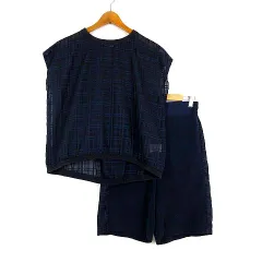 レプシィム ローリーズファーム LEPSIM LOWRYS FARM 上下セットアップ ブラウス プルオーバー シアー シースルー チェック コットン フレンチスリーブ 半袖 パンツ ハーフパンツ チェック 切替 M 紺 ネイビー 黒 ブラック