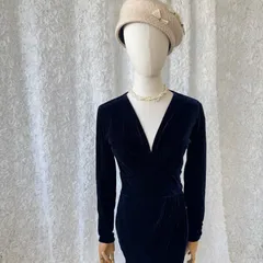 ヴィンテージ ベロアワンピース ネイビー ドレープスカート 長袖 Vネック ベルベット ドレス レトロ レディース古着