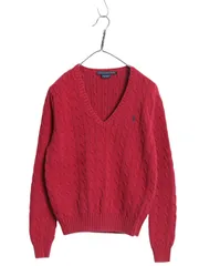 【お得なクーポン配布中!】 ラルフローレン Vネック コットン ケーブル ニット セーター レディース XL / オールド ポロ スポーツ ワンポイント 大きいサイズ レッド