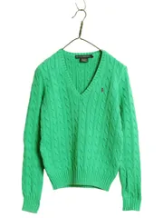 【お得なクーポン配布中!】 ラルフローレン Vネック コットン ケーブル ニット セーター レディース M / オールド ポロ スポーツ ワンポイント きれいめ カジュアル 緑