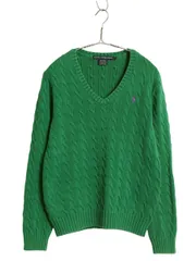 【お得なクーポン配布中!】 ラルフローレン Vネック コットン ケーブル ニット セーター レディース XL / ポロ スポーツ ワンポイント 大きいサイズ きれいめ グリーン