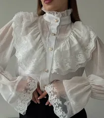 長袖 シフォンブラウス 未使用 フリル オフィス 高級感 レース 長袖 上品 薄手 レディース 春 夏 秋 女性 ホワイト 白 ハイネック 立ち襟 スタンドカラー パーティー 結婚式 フォーマル 二次会 ビジネス 通勤 OL