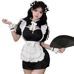 メイド服 チャイナドレス コスプレ セクシー ワンピース ミニ 可愛い フリル 萌え 下着 誘惑 エロ 胸空き 過激 ハロウィン レディース ワンサイズ ホワイト ブラック コスチュームのサムネイル