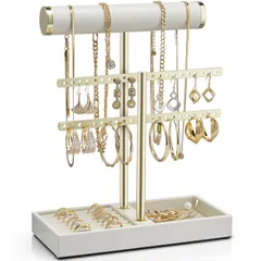Vlando アクセサリースタンド 2段 ネックレススタンド PUレザー トレー アクセサリー収納 ジュエリーケース ネックレス ピアス リング ブレスレット フック 誕生日プレゼント クリスマス 女性用（アイボリー）