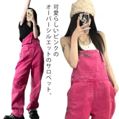 オーバーオール レディース デニム サロペット ダメージ ワイド ジーンズ ピンク カジュアル