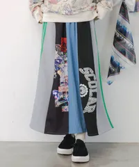 ロゴコラージュ柄 デニム×ジャージ切替スカート