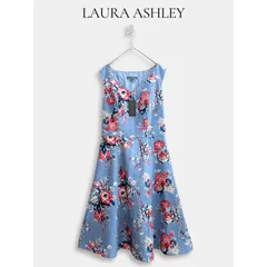 ◆タグ付き◆ LAURA ASHLEY ローラアシュレイ 花柄 フレアワンピース ノースリーブ リネン混 フラワープリント Aライン