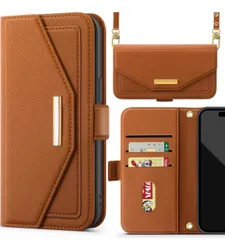 ★iPhone 15 Pro 用 ケース 手帳型 ショルダー スマホケース いphone15 pro 携帯ケース 肩掛け 斜めがけ アイフォン15 プロ カバー 財布型 あいふおん15pro カード収納 小銭入れ ミラー付き　ブラウン