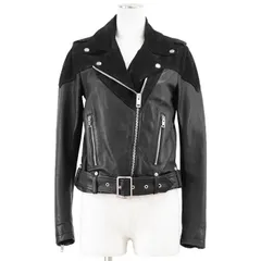 【SALE】DIESEL ディーゼル ダブルライダースジャケット シープスキン × ゴートスキン ヌバックレザー ベルテッド ジップアップ アウター レディース サイズ XS ブラック 黒 インド製のサムネイル