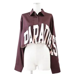 SALE【極美品】N°21 ヌメロ ヴェントゥーノ クロップドシャツ PARADISE ロゴ ボタン ポリエステル100% ショートレングス ロングスリーブ 短丈 長袖 トップス タグ・ボタン付属 レディース サイズ 38 バーガンディ イタリア製のサムネイル