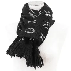 【極美品】LOUIS VUITTON ルイ・ヴィトン マフラー エシャルプ・ロゴマニア LV モノグラム ウール × シルク × メタリック ダブルフェイス ストール 大判 メンズ レディース ユニセックス ブラック シルバー 黒 銀 イタリア製 M75833