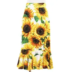 SALE【新品同様】DOLCE&GABBANA ドルチェアンドガッバーナ フレアヘムスカート サンフラワー ひまわり 向日葵 シルク ストレッチ ボトムス レディース サイズ 42 イエロー ホワイト 黄 白 イタリア製のサムネイル